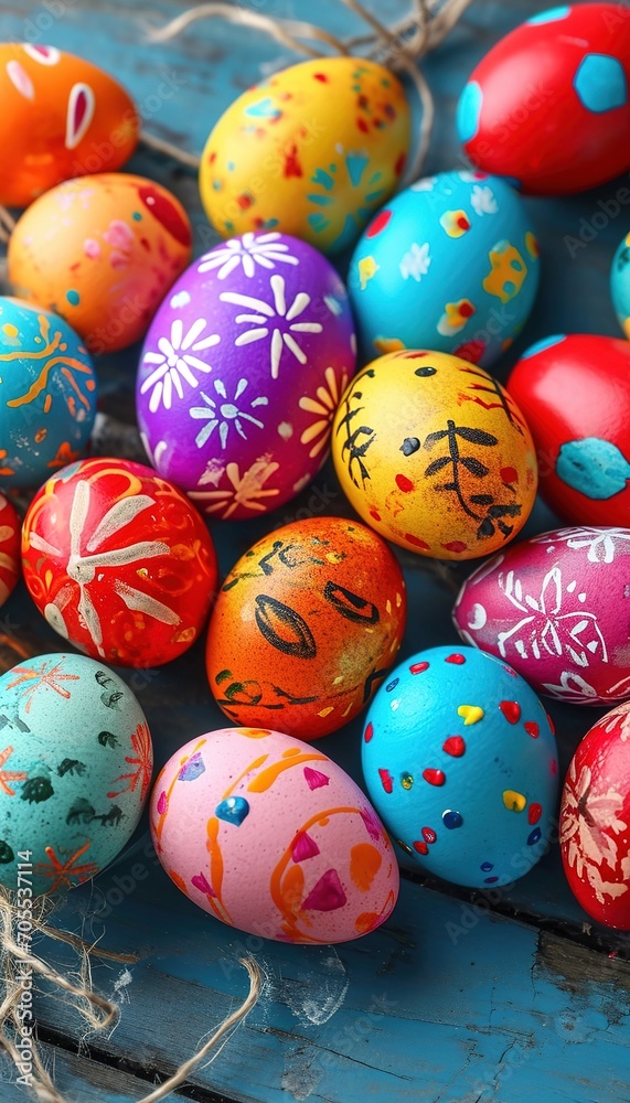 Closeup photo of colourful easter eggs. Hand painted easter eggs on wooden table. Easter postcard. Closeup photo of colourful easter eggs. Hand painted easter eggs on wooden table. Easter postcard.