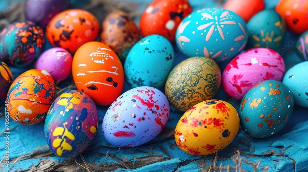 Fototapeta premium Beautiful colorful easter eggs on blue wooden table. Top view image of painted easter eggs.