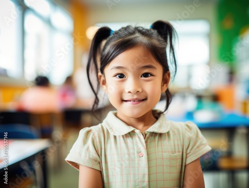 smiling elementary school student standing in classroom with arms crossed.