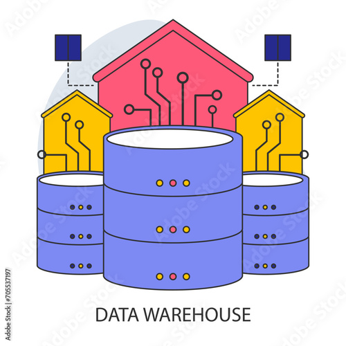 Data warehouse. Centralized data storage systems with advanced connectivity. Organizational data consolidation for optimized analysis. Flat vector illustration.