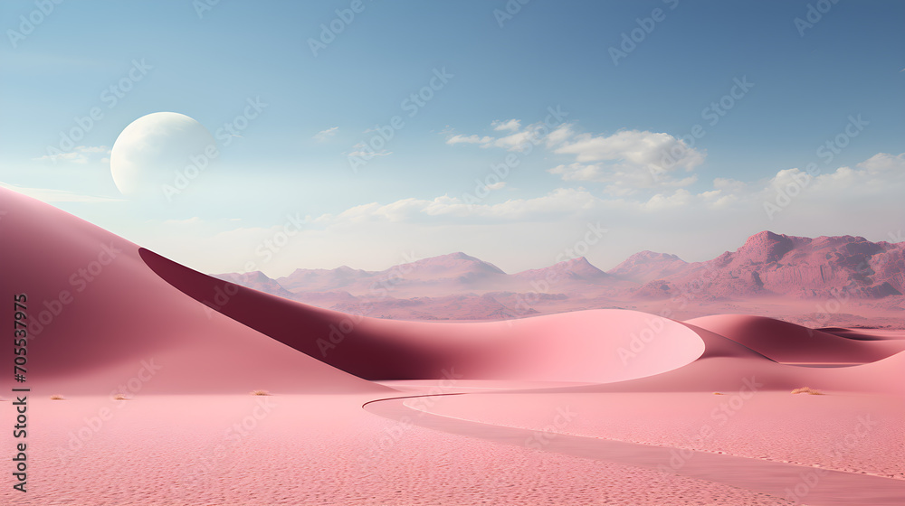 Pink sunset landscape with Desert dunes with sand and sky. Generative AI