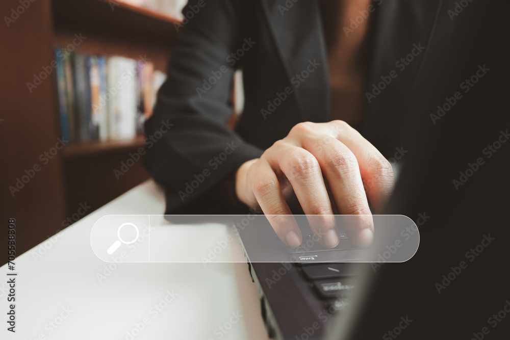 SEO Search engine optimization, Search technology, client using a computer keyboard to search for information, using website search bar to find data, information or shopping online.