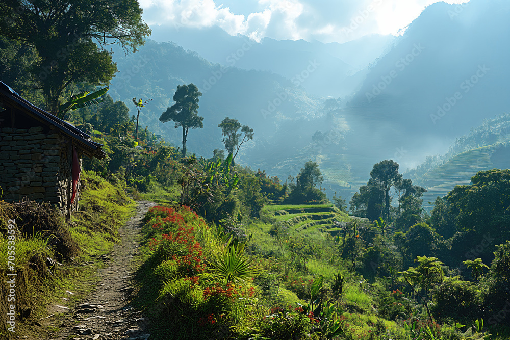 Fototapeta premium rocky path in tropical mountain valley with terraced fields