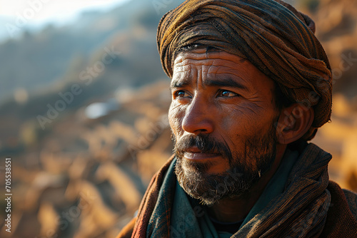 arabian rural man in national clothes against the background of a valley with agricultural terraces