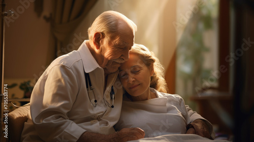 Senior doctor in white coat embraces senior woman patient on a bed in the background of hospital room with bright warm lighting. Patient care. Medical services in a clinic. Devotion in a relationship photo