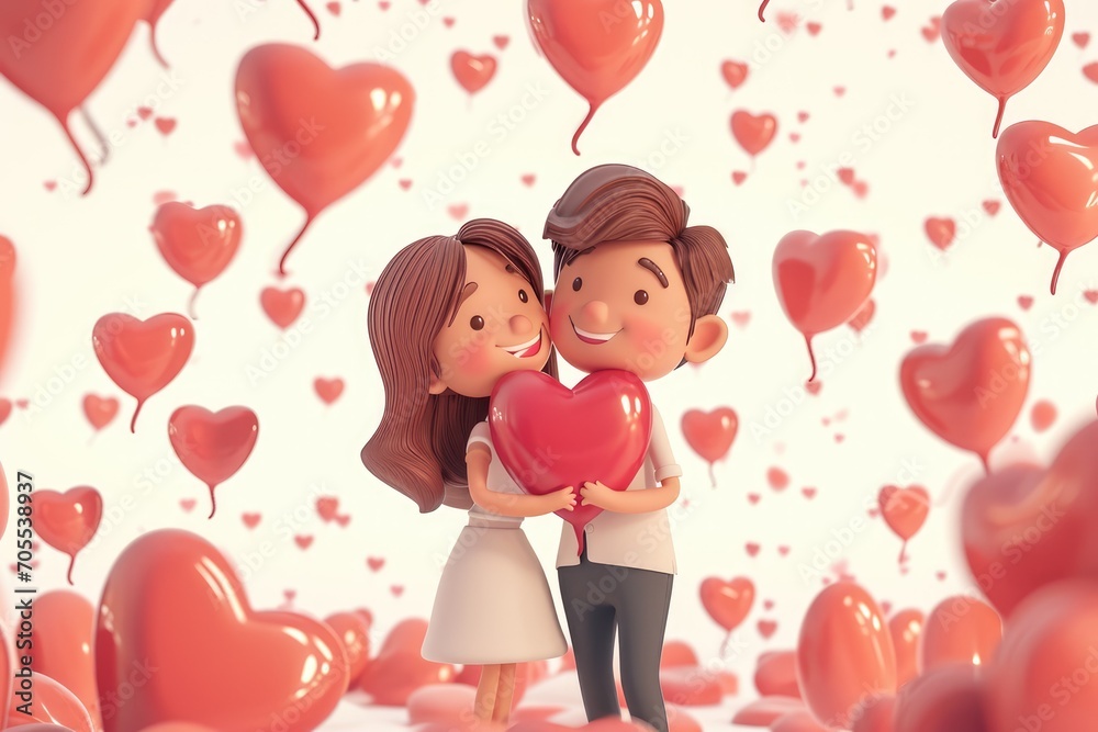 Romantic Valentine's Day Love and affection, 3D cartoon couple, cute Romantic Valentine's Day Love and affection, 3D cartoon couple, cute