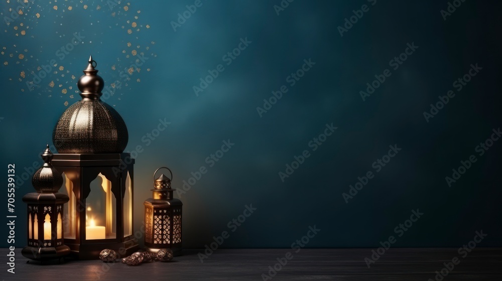 Ramadan background. Islamic nuanced decoration. Festive greeting card, invitation to the Muslim holy month of Ramadan Kareem, copy space - generative ai