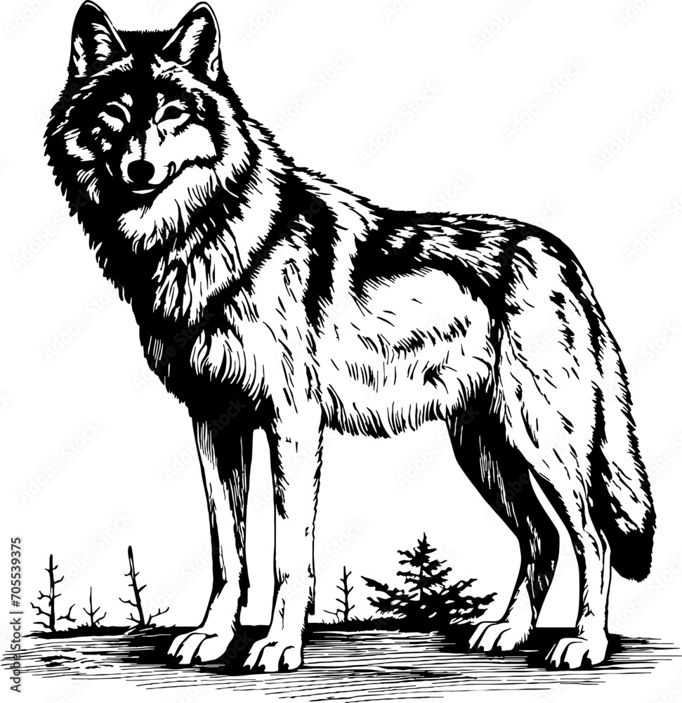 wolf engrave illustration, line art, vector design