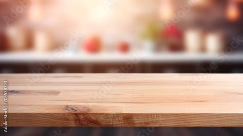 Empty beautiful wood table top counter and blur bokeh modern kitchen interior background in clean and bright,Banner, Ready for product montage. Generative AI illustration 