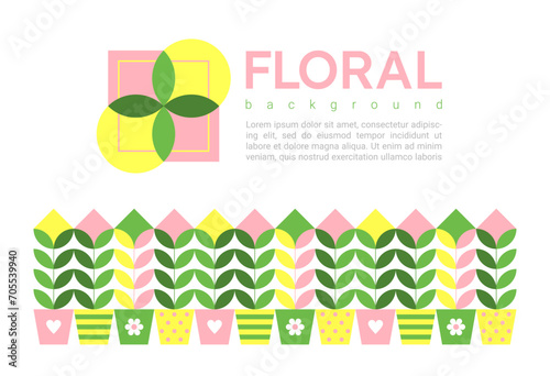 Geometric pattern of plants with green leaves and flowers for gardening shop poster. Abstract modern banner with floral ornament with houseplants in pots in minimal style, vector illustration