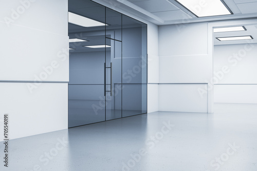 Clean hospital corridor interior with glass doors. 3D Rendering.