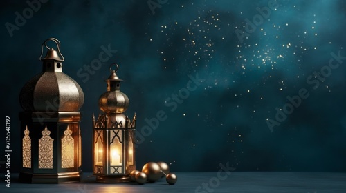 Ramadan background. Islamic nuanced decoration. Festive greeting card, invitation to the Muslim holy month of Ramadan Kareem, copy space - generative ai