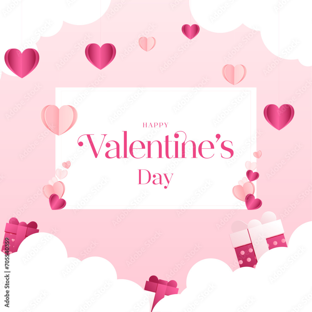 Happy valentines day social media post with flying heart shape background and gift boxes. vector illustration. Happy valentines day social media post with flying heart shape background and gift boxes. vector illustration.