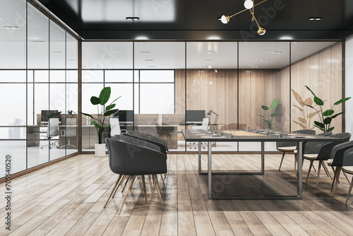 Clean wooden, concrete and glass meeting room interior with furniture and partitions. Workplace concept. 3D Rendering.