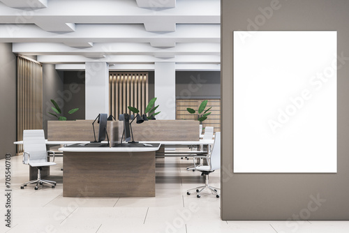Modern wooden and concrete coworking office interior with blank white mock up banner on wall and furniture. 3D Rendering.