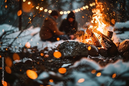 Vibrant campfire crackles amidst a snowy scene, with golden bokeh lights and two blurred figures seated behind, evoking warmth in the cold winter ambiance