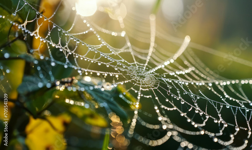 Dewdrops Glistening on a Delicate Spiderweb in the Morning Light, Illustrating the Intricacy and Transient Beauty of Nature's Artistry
