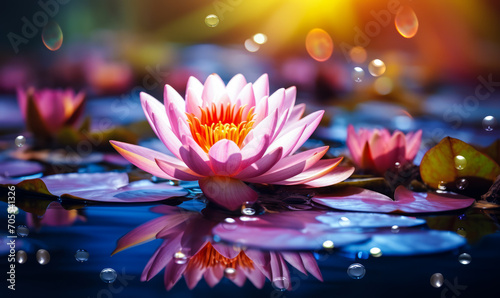 Ethereal Pink Lotus Flower Blooming Serenely on Tranquil Water with Vibrant Bokeh Lights, Symbolizing Peace, Purity, and Spiritual Awakening