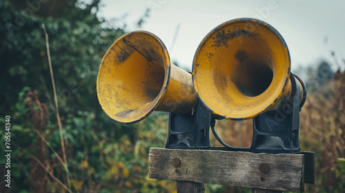 Old megaphones in rural setting.