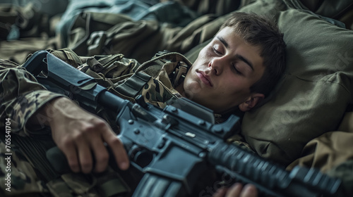 Young soldier asleep with rifle in a safe zone.