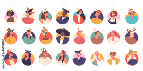 Lively Character Avatars Sporting Whimsical Hats, Each A Unique Blend Of Color And Shape, Vector Illustration