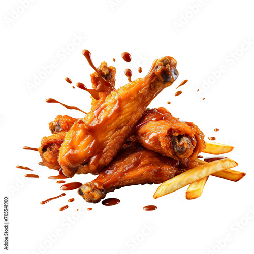 french fry with checken wings, png photo