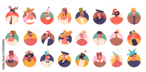 Set Of People Avatars, Each Donning Comically Oversized, Eccentric or Traditional Hats, Creating Amusing Ensemble