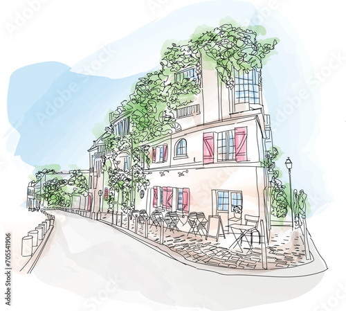 Opening of cafe, waiting for customers, summer season, Cafe beautiful architecture in Montmartre,  France. Vector illustration 