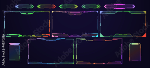 Game Live Stream Panels, Empty Overlay Frames And Buttons With Colorful Rainbow Neon Glow. Vector Cartoon Set
