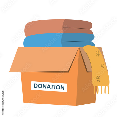 Vector flat illustration of a charity organization distributing clothes, clothes in a box