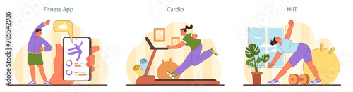 Home Workout set. Fitness enthusiasts engage with a fitness app, participate in cardio routines, and perform HIIT for a comprehensive home exercise experience. Flat vector illustration.