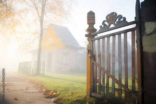 old gate partially visible in thick morning mist