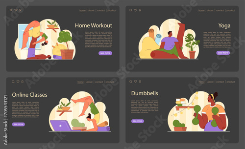 Home Workout set. A diverse collection of activities including yoga, online classes, and weight training, tailored for the home environment. Ideal for personal fitness. Flat vector illustration.