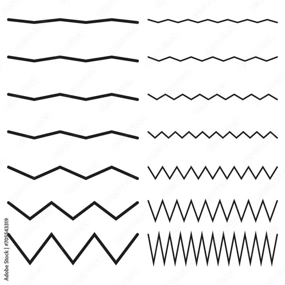 Collection of wavy or zigzag lines. Horizontal thin lines wave. Vector illustration. EPS 10.