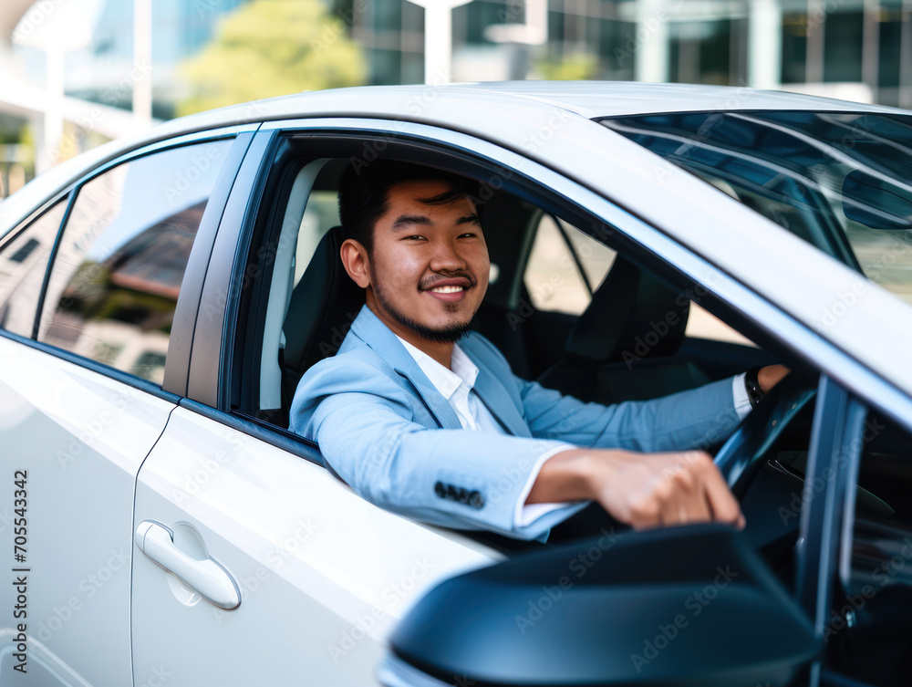 a happy stylish asian man in light blue suit is driving white car, Sale transport concept.