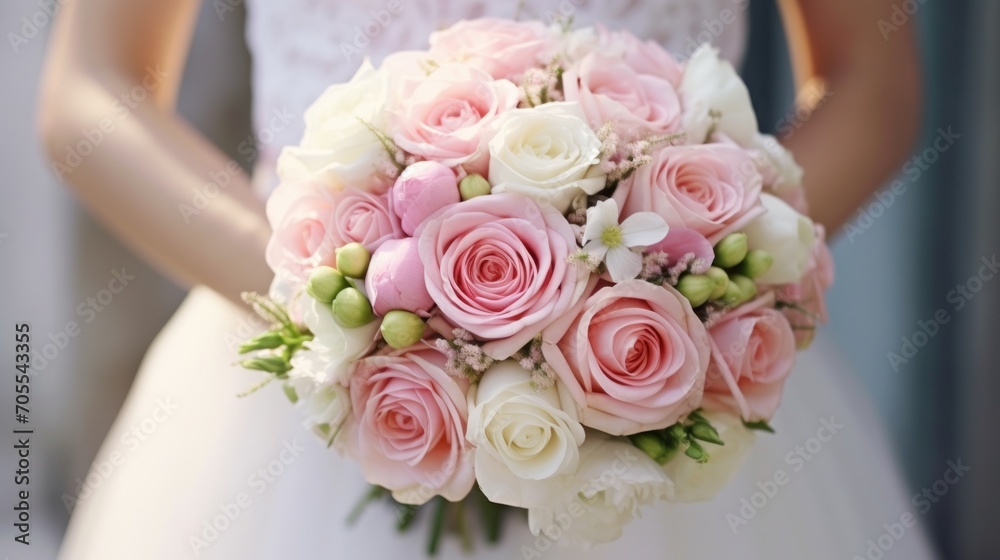Spring wedding bouquet with pink roses flowers In the hands of the bride Spring wedding bouquet with pink roses flowers In the hands of the bride