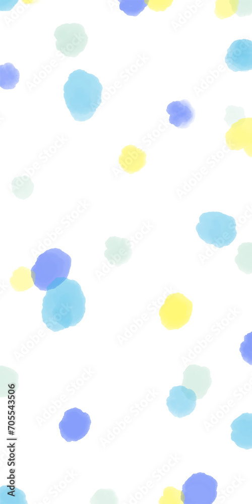春夏用の手描き縦長バナー）白背景にカラフルな水彩ドット。爽やかな水色・青・黄色　