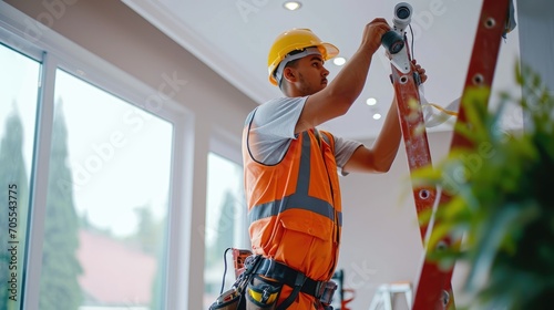 An electrician wearing electrical workwear is installing a CCTV camera on a ladder indoors at a modern and tidy house photo