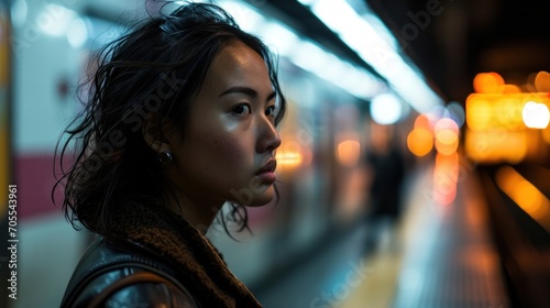 Asian Woman in Subway Train Station