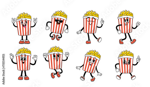 Cartoon Retro Popcorn Bucket Character With A Buttery Smile And Vintage Charm. Fast-food Sensation, Vector Set