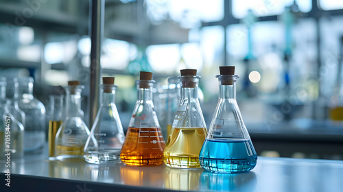 laboratory equipment in laboratory, colorfull erlenmeyer flasks, lab bottle