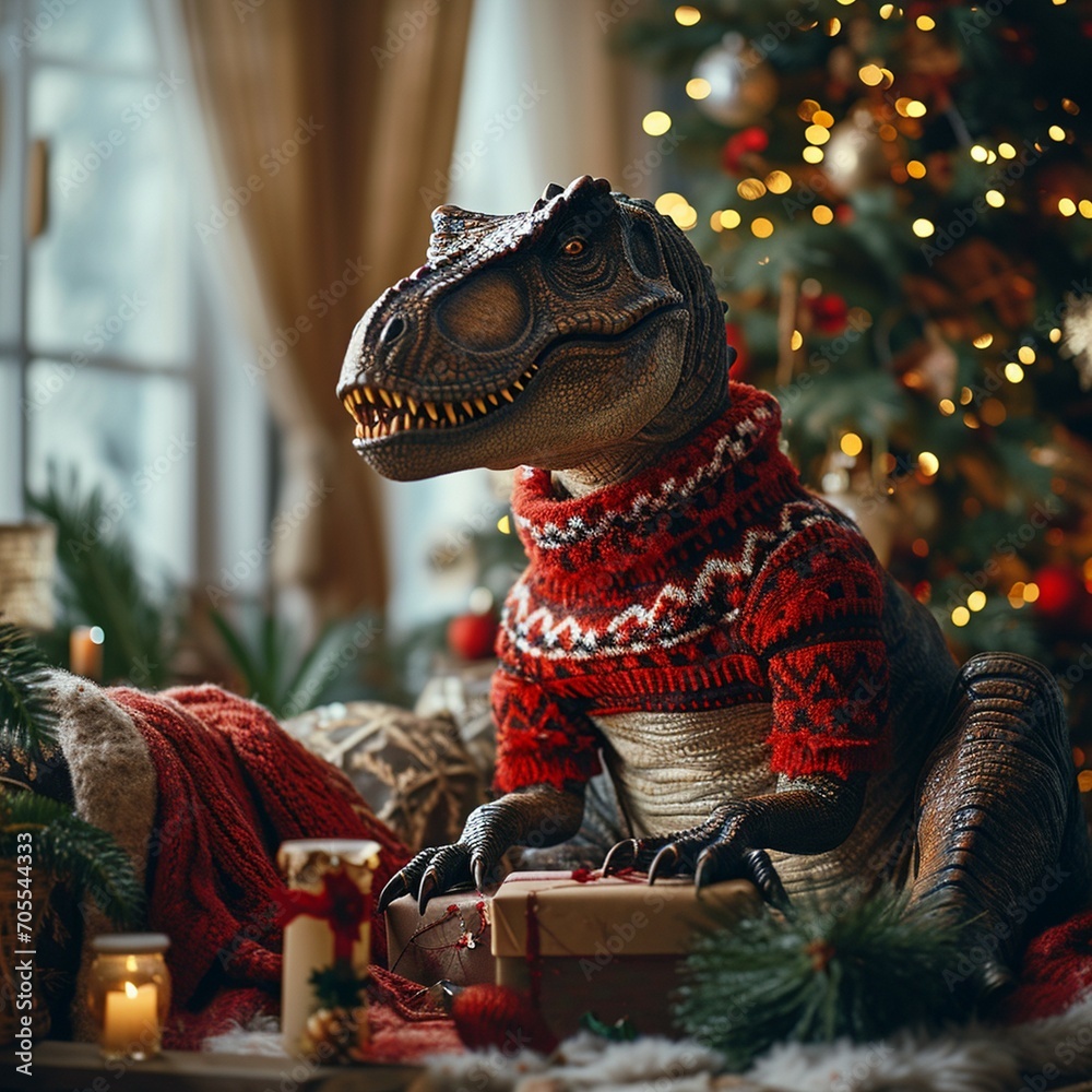 Fototapeta premium Cute dinosaur in sweater with present boxes on background of Christmas tree. AI generated.
