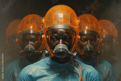 People in protective oxygen masks. AI generated. photo