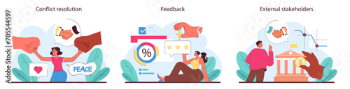 Business stakeholders set. Showcasing methods of conflict resolution, feedback channels, and external stakeholder engagement. Strategic corporate communication. Flat vector illustration.