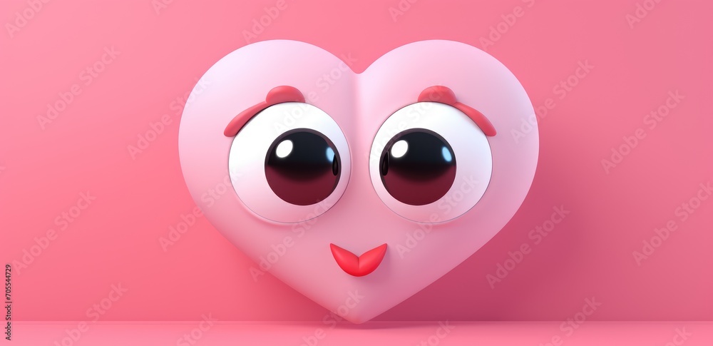 Fototapeta premium cute heart on a one tone background with emotion. Cartoon Heart with big realistic eyes. Pink shades