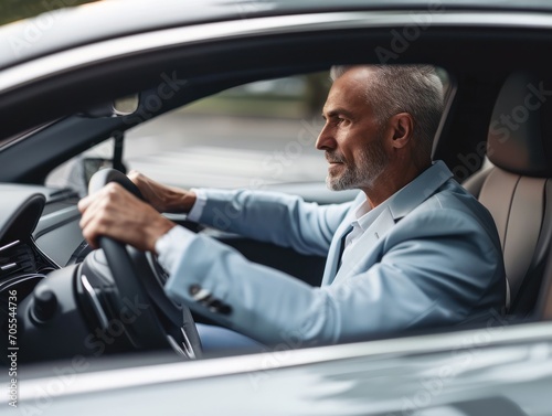 a happy stylish caucasian man in light blue suit is driving white car, Sale transport concept. © Svetlana