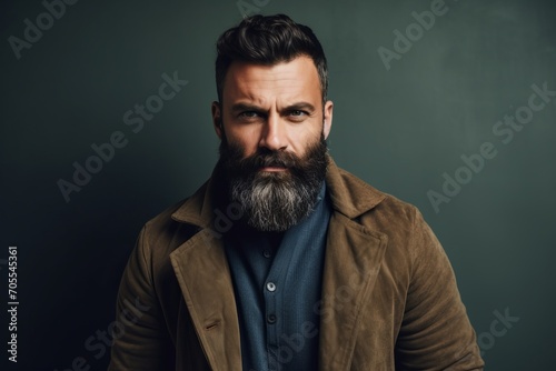 Portrait of a handsome bearded man in a brown jacket. Men's beauty, fashion.