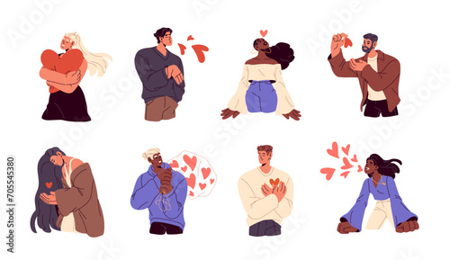 Happy people falling in love concept set. Different characters share, protect warm feelings. Girl holds heart, hugs romantic symbol. Person self cares. Flat isolated vector illustration on white