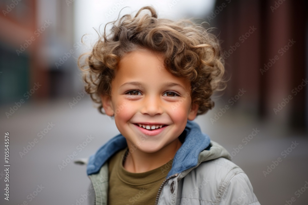 Portrait of a cute little boy with curly hair in the city Portrait of a cute little boy with curly hair in the city