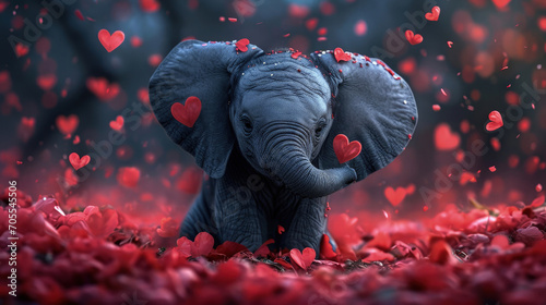 A baby elephant stands amid a sea of red petals with hearts floating around, symbolizing innocence and love photo
